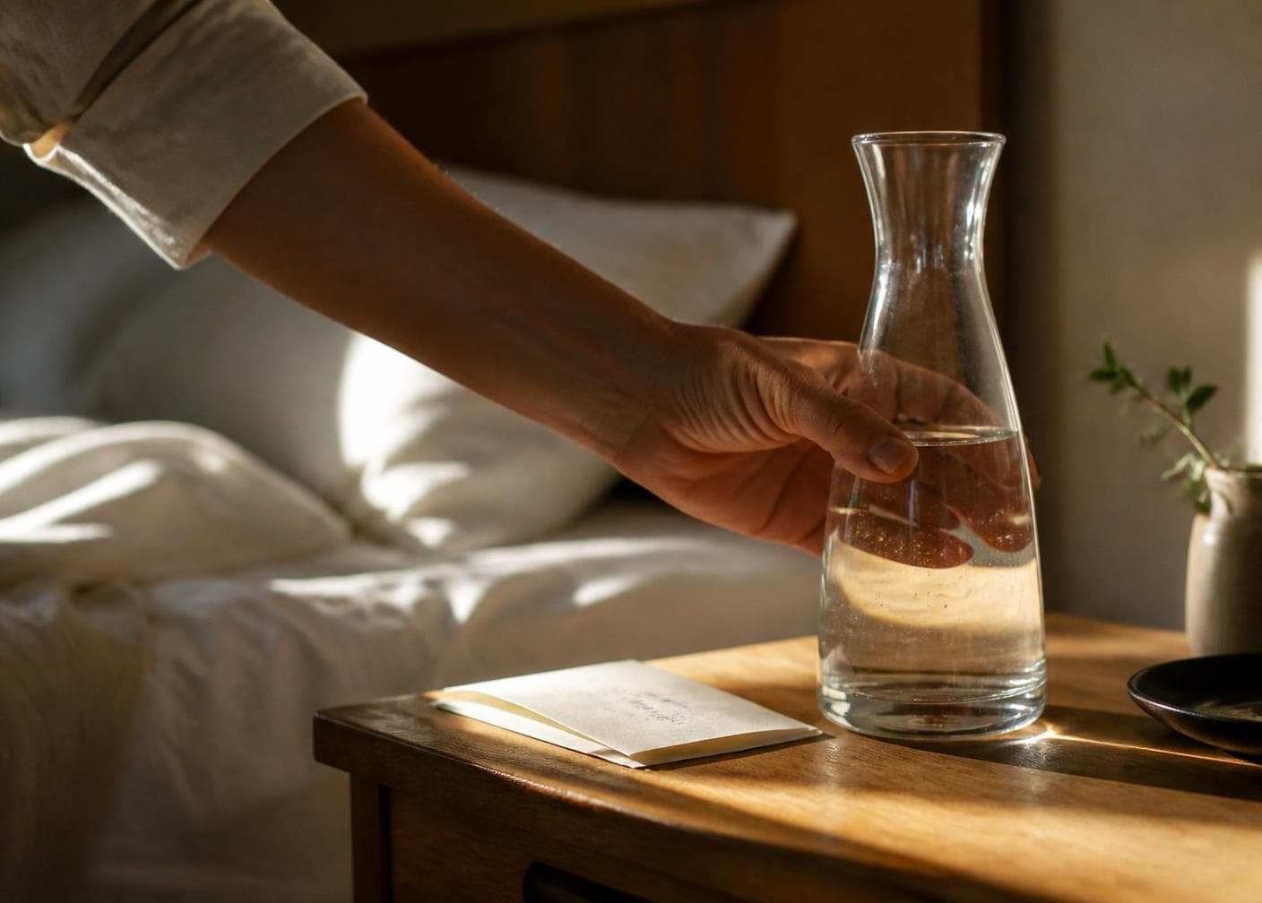 A hand setting water and a folded note on a table beside a bed, before someone arrives